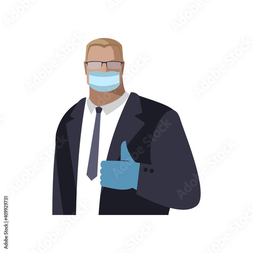 A man in a protective mask and gloves, in a strict black suit and tie, shows His Hand with a raised thumb, a businessman, a politician, an employee, a Manager. Vector image, avatar