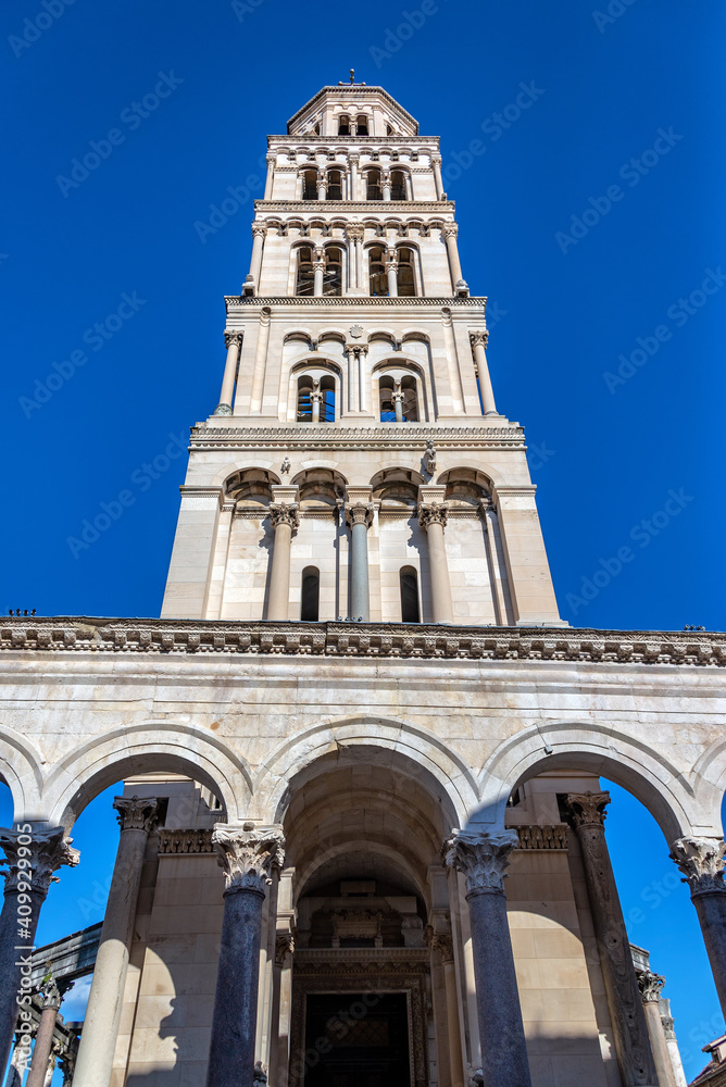 View of St. Domnius Tower in Split, Croatia with a beautiful blue sky