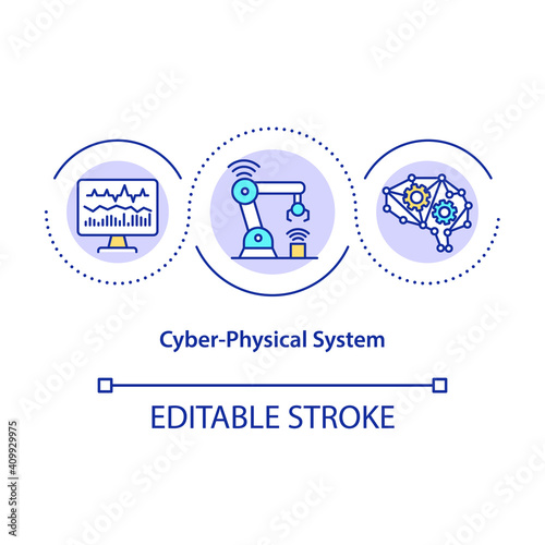 Cyber-physical system concept icon. Intertwined physical and software components idea thin line illustration. Robotics and sensor networks. Vector isolated outline RGB color drawing. Editable stroke