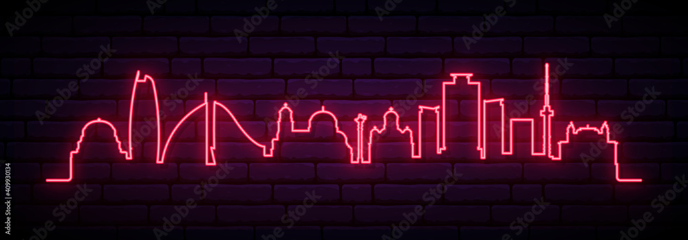Fototapeta Czerwony neon panoramę Sofii. Jasny długi baner miasta Sofia. Ilustracja wektorowa.