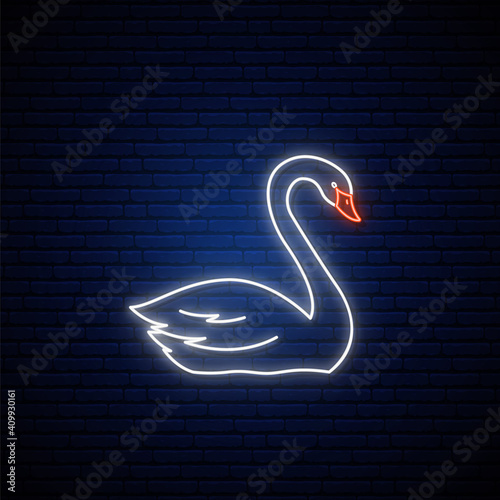 Neon Swan sign. Glowing white swan emblem in neon style. Bright light signboard. Vector illustration.