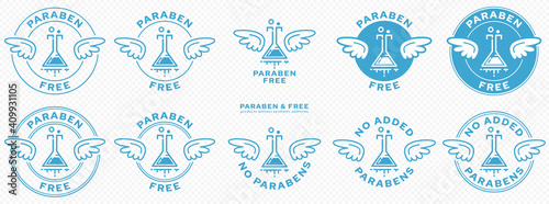 Conceptual stamps. Labeling - paraben free. The brand with the wings and the chemical ingredient flask badge is a symbol of freedom from artificial synthetic preservatives - parabens. Vector