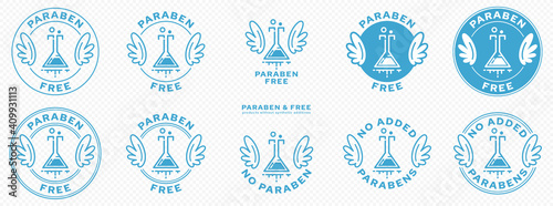 Conceptual stamps. Labeling - paraben free. The brand with the wings and the chemical ingredient flask badge is a symbol of freedom from artificial synthetic preservatives - parabens. Vector