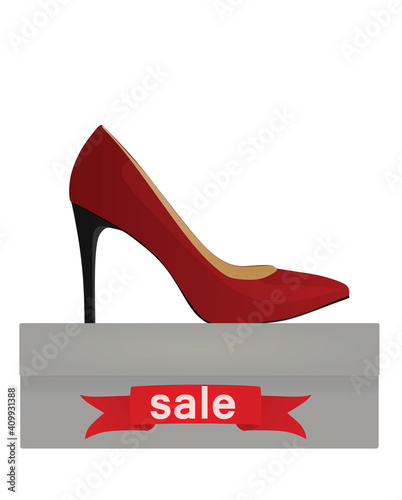 Shoe on shoe box with sale notice. vector