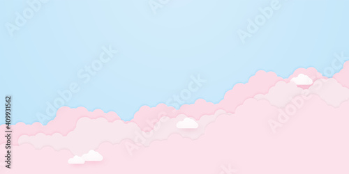 Cloudscape, blue sky with pink clouds , paper art style