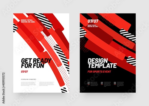 Design of posters with red shapes for sports event, competition or championship. Sports background.