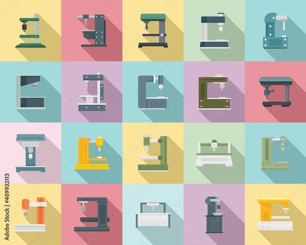 Milling machine icons set. Flat set of Milling machine vector icons for web design Milling machine icons set. Flat set of Milling machine vector icons for web design