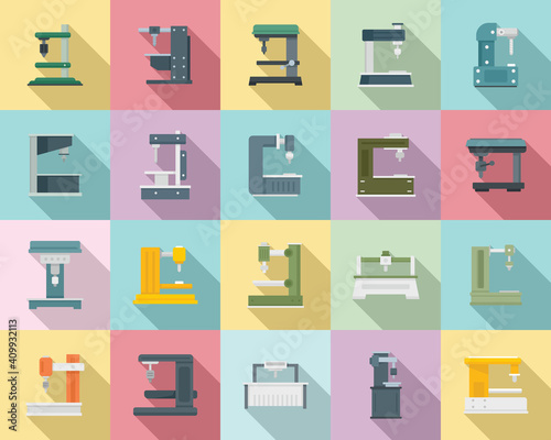 Milling machine icons set. Flat set of Milling machine vector icons for web design