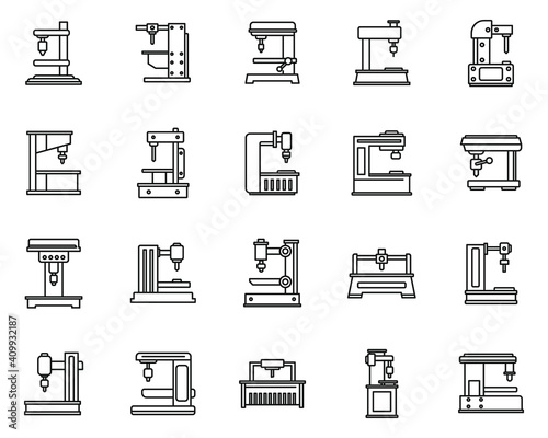 Milling Machine device icons set. Outline set of Milling Machine device vector icons for web design isolated on white background