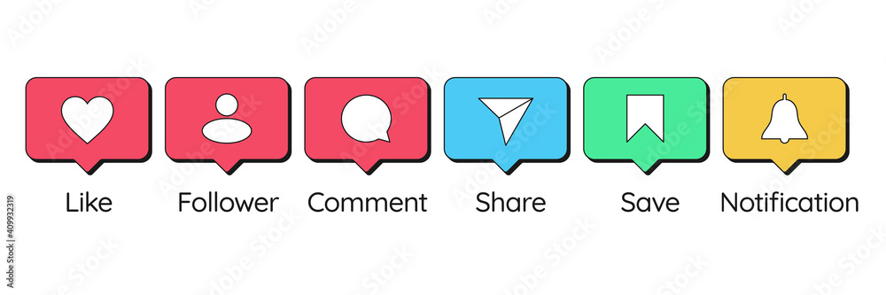 Social media bubbles with icons such as Like, Follower, Comment, Share, Save and Notification
