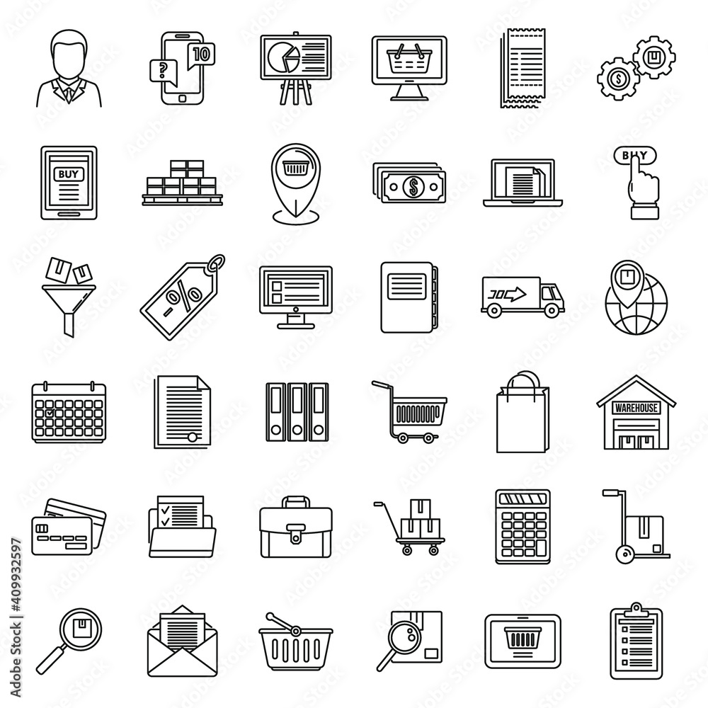 Purchasing manager sell icons set. Outline set of purchasing manager sell vector icons for web design isolated on white background Purchasing manager sell icons set. Outline set of purchasing manager sell vector icons for web design isolated on white background