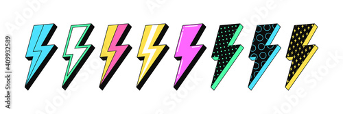 Isolated Lightning bolt signs. 2st set of flash thunderbolts with texture for zine retro culture photo