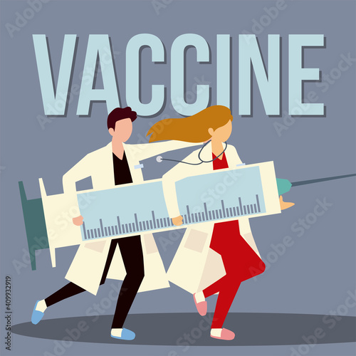 female and male doctor with syringe vaccination and treatment