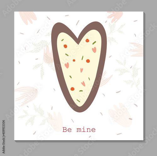 Delicate card for Valentine's Day be mine. Gingerbread in the shape of a heart. Sweet declaration of love