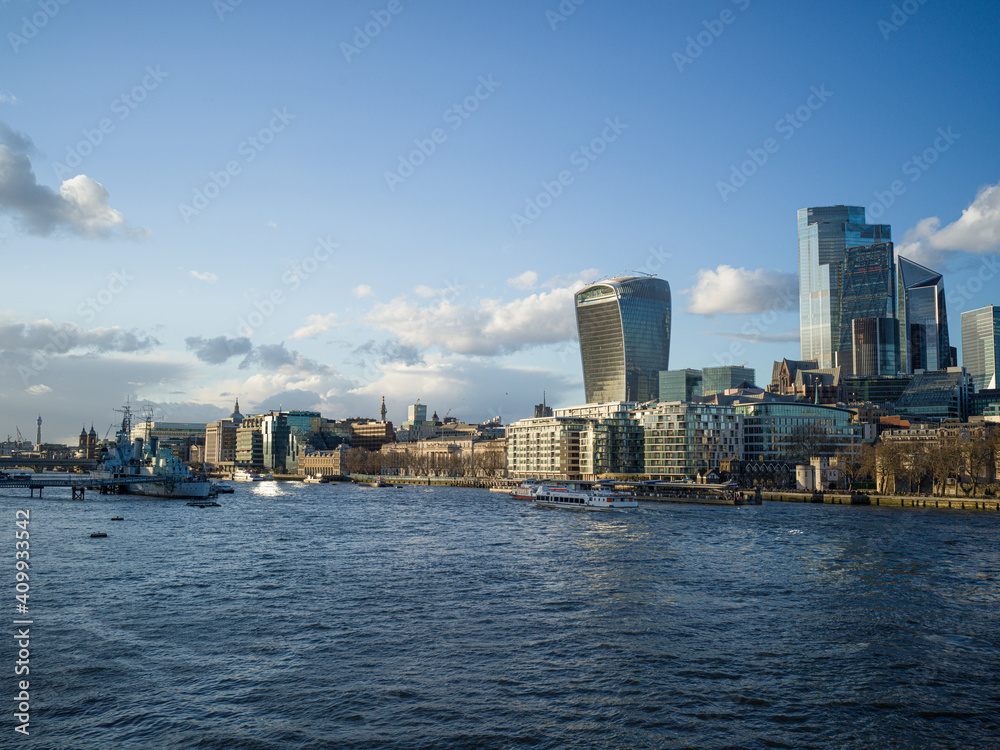 River Thames and City of London Skyline, UK, London, UK