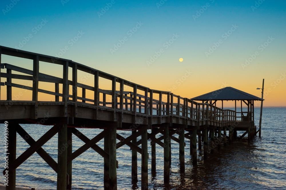 Moonset Over Mobile Bay in Fairhope, AL, USA