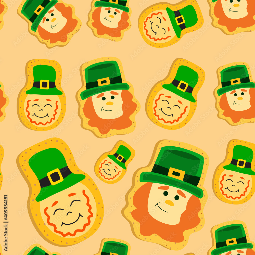 St Patrick's Day cookie seamless pattern. Ginger cookie leprechaun. Shamrock St. Patricks Day Sugar Cookie. Symbol of St. Patrick's Day. Vector flat illustration St Patrick's Day cookie seamless pattern. Ginger cookie leprechaun. Shamrock St. Patricks Day Sugar Cookie. Symbol of St. Patrick's Day. Vector flat illustration