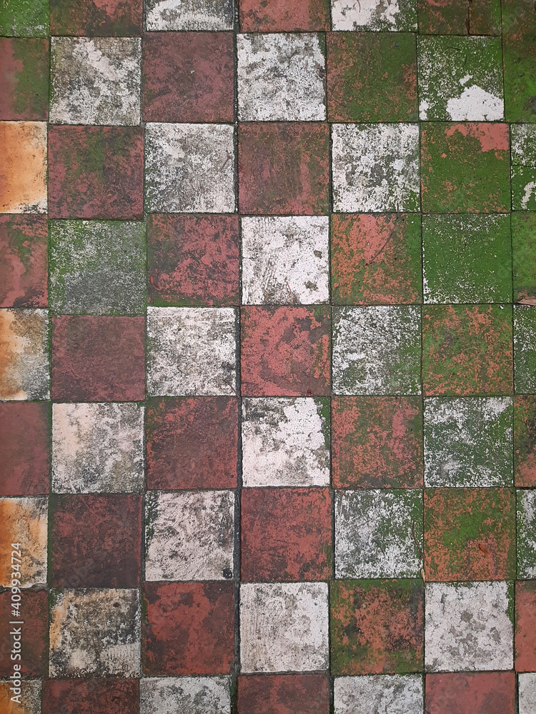 Old floor tiles with mold in the garden. The texture of the old floor.
