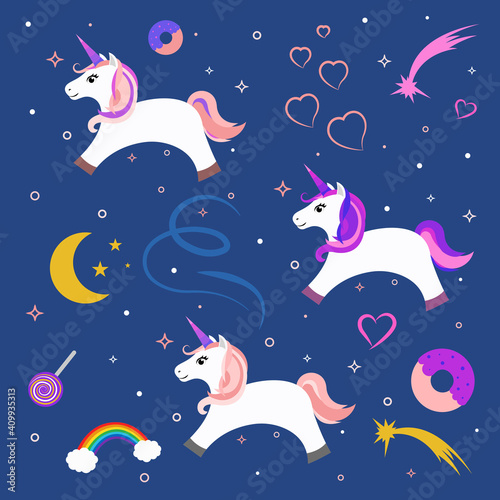Unicorn set and elements of colorful design. Rainbow  moon and stars  hearts  candy  donuts. Flat style. Vector illustration