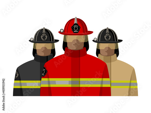 Male firefighters in uniform and helmet in different colors. Isolated color image. Vector illustration