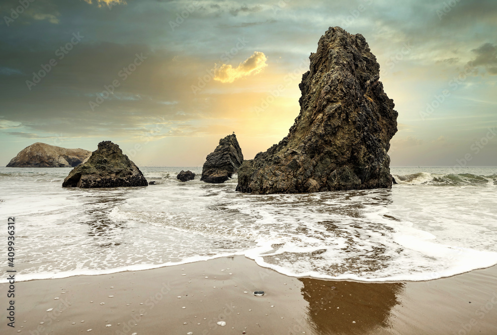 Rock formations at Rodeo Beach, California, USA, San Francisco Marine Headlands Recreation Area, beautiful landscape, California seaside.