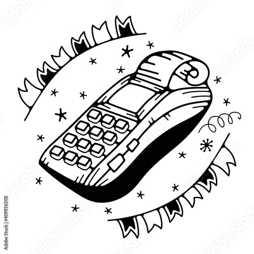 Vector illustration with a cash register. Isolated on a white background. Cute doodle illustrations.