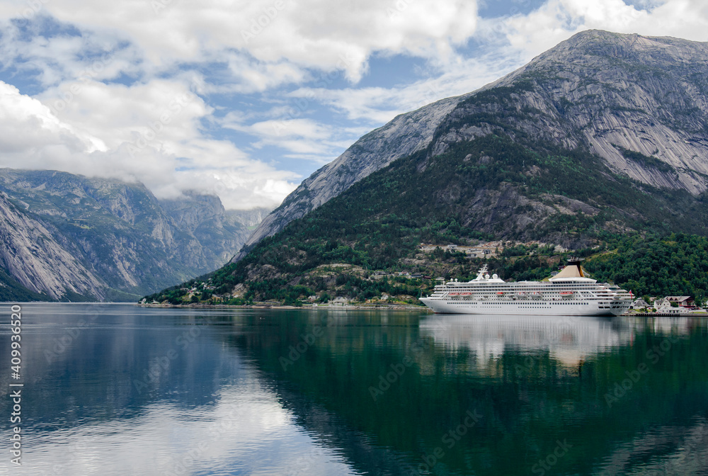 Cruise ship standin in port in picturesque Sognefjord in Norway