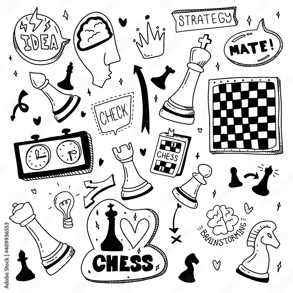 Doodle Set Chess. Cartoon illustration about check and mate. Strategy  concept Stock-Vektorgrafik