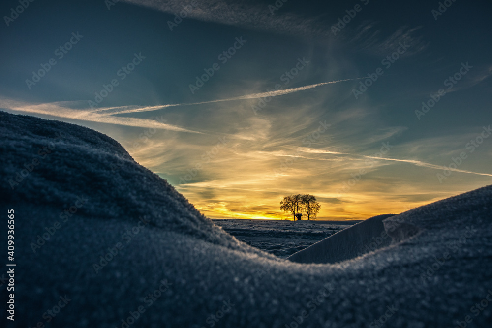 Winter scenery of a field with tree and the chapel.