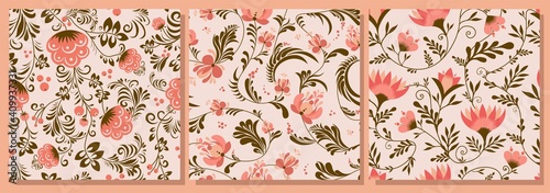 Spring trend pattern. Seamless pattern for printing onto fabric and textile design. Fashionable print for paper in ethnic style. Vector illustration. Pink color