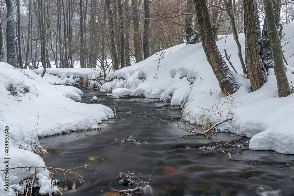 Olsovy creek near Petrovice village in Krusne mountains in winter cold morning