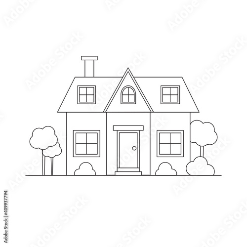 Vector cute outline house illustration for coloring pages. Monochrome house graphic illustration