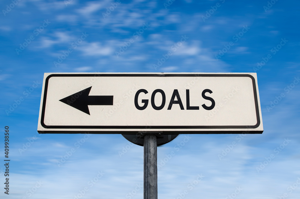 Goals road sign, arrow on blue sky background. One way blank road sign with copy space. Arrow on a pole pointing in one direction.