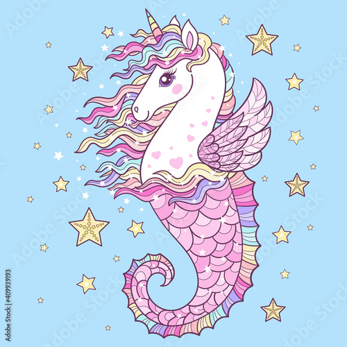 Beautiful seahorse unicorn. Fantastic animal. Vector illustration