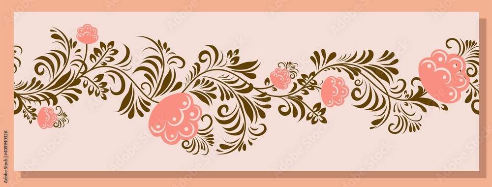 Spring trend pattern. Seamless border for printing on fabric and textile design. Fashionable print for paper in ethnic style. Vector illustration. Pink color