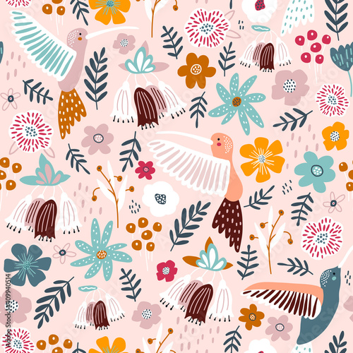Seamless pattern with cute colibri birds and flowers . Creative blooming texture. Great for fabric, textile Vector Illustration