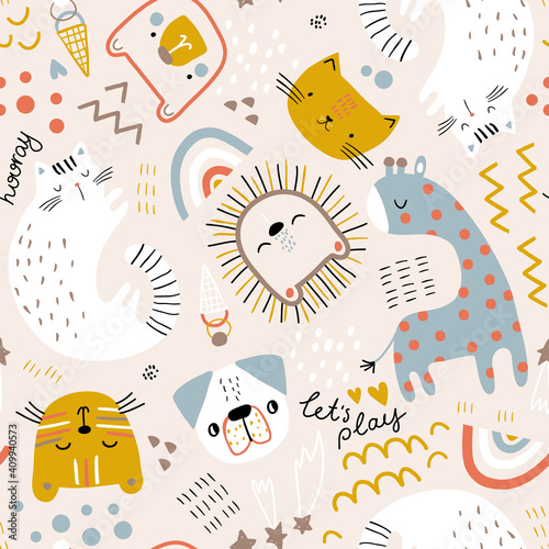 Seamless childish pattern with cute animals. Creative kids hand drawn texture for fabric, wrapping, textile, wallpaper, apparel. Vector illustration