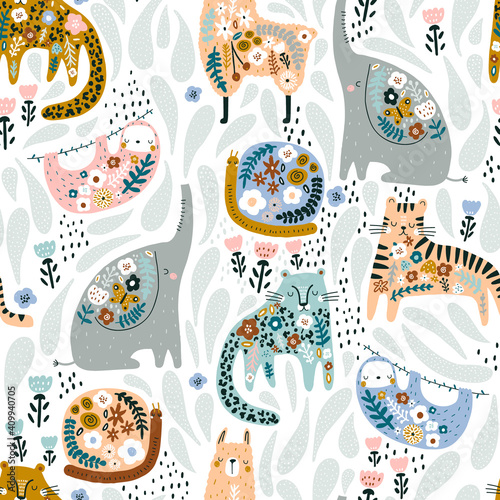 Seamless pattern with cute colorful elephant, llama, sloth, tiger, cheetah, snail. Creative floral texture. Great for fabric, textile Vector Illustration