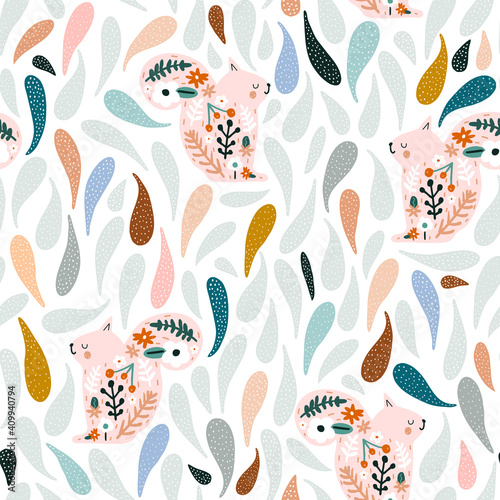 Seamless pattern with cute floral squirrels. Creative blooming texture. Great for fabric, textile Vector Illustration