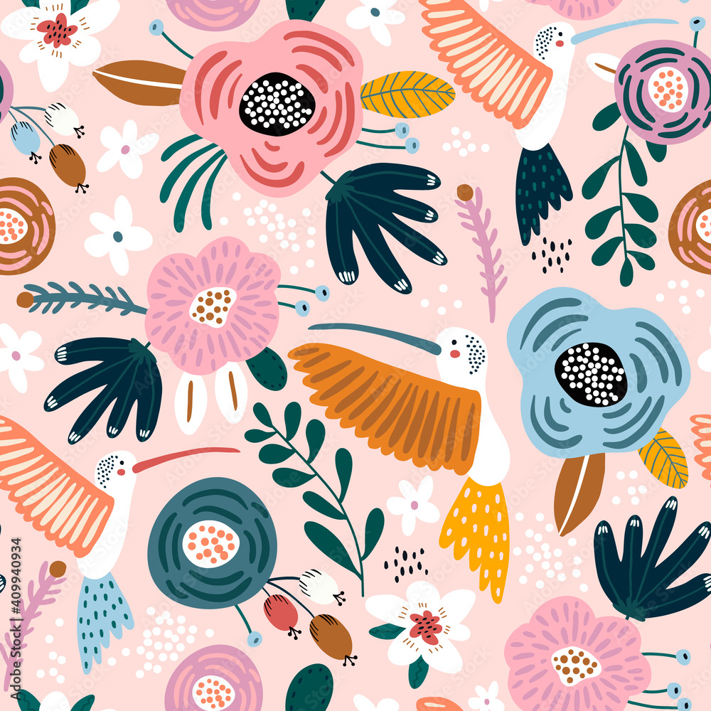 Seamless pattern with cute colibri birds and flowers . Creative floral texture. Great for fabric, textile Vector Illustration