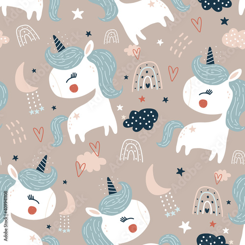 Seamless childish pattern with cute unicorns, rainbows, hearts. Creative kids hand drawn pink texture for fabric, wrapping, textile, wallpaper, apparel. Vector illustration
