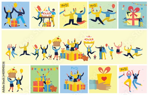 Party background. Happy group of people jumping on a bright background. The concept of friendship, healthy lifestyle, success. Vector illustration