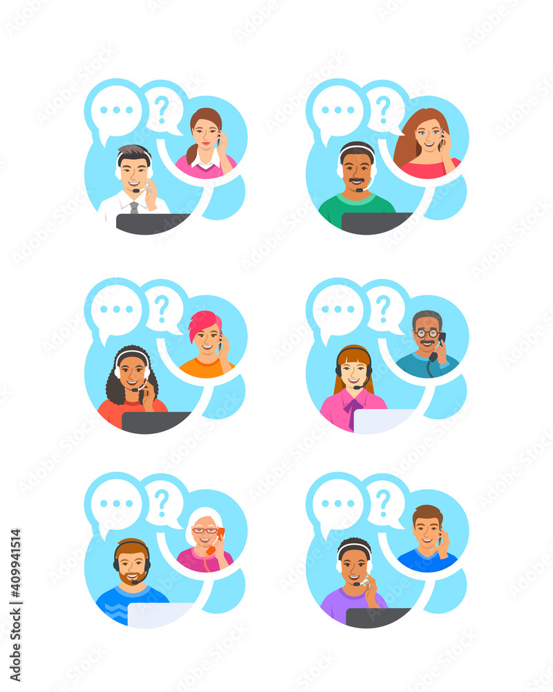 Customer support operators talk by phone with clients. Call center consultants, men and women of different races answer the questions of customers. Online shop managers help line concept. Flat banners