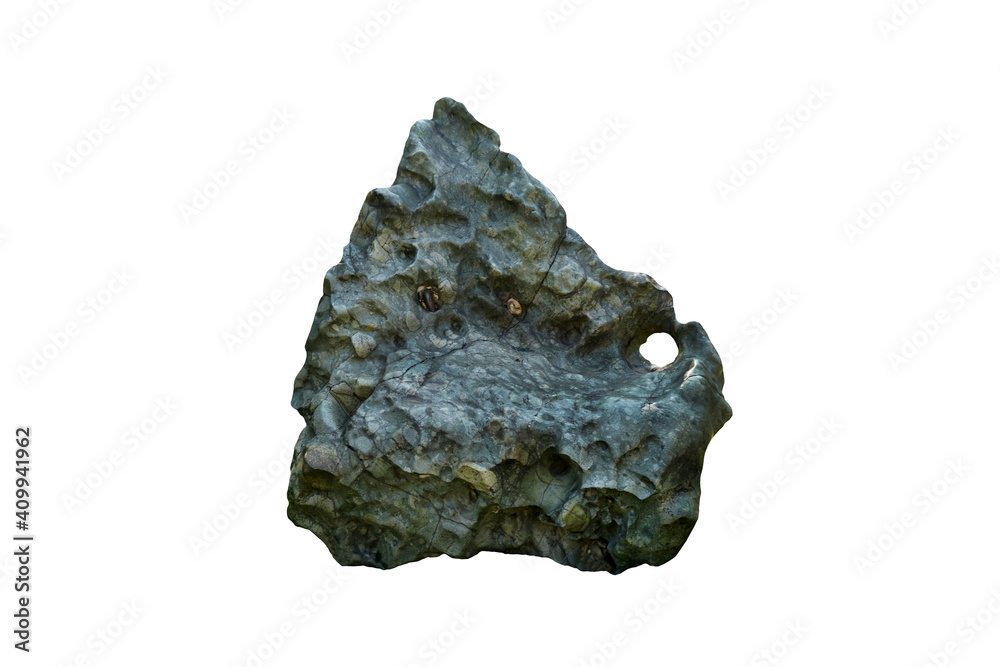 Obraz premium Strange shaped black conglomerate rock stone isolated on white background. A big rock stone for garden decoration.