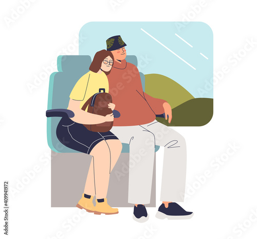 Couple sleeping while travel by train. Cartoon man and woman dreaming sitting on seats in carriage