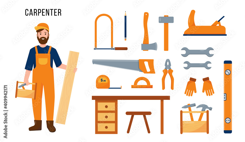 Carpenter character with tools and equipment Carpenter character with tools and equipment