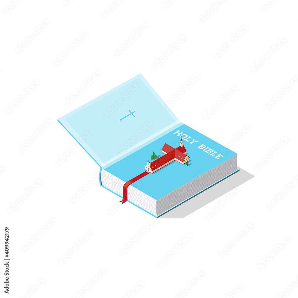 Vector illustration of opened holy bible with a church shaped like a cross.Isometric view.Religious background. Vector illustration of opened holy bible with a church shaped like a cross.Isometric view.Religious background.