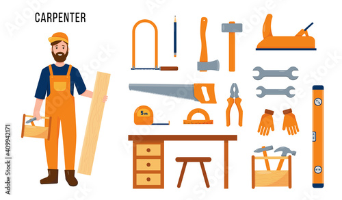 Carpenter character with tools and equipment