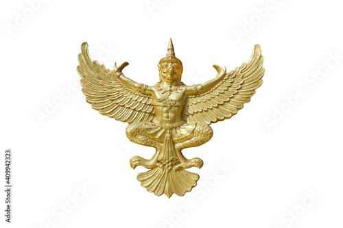 The gold Garuda isolated on white background. Garuda is the king of birds  half-man and half-bird  the vehicle of Vishnu  a Hindu God. Himmapan wildlife.