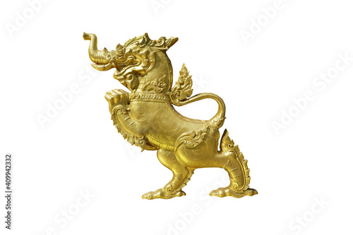 A gold Kodchasri isolated on white background with clipping path. Kodchasri is fabulous animal having a lion s body and an elephant s trunk  count  reckoning. Himmapan wildlife.